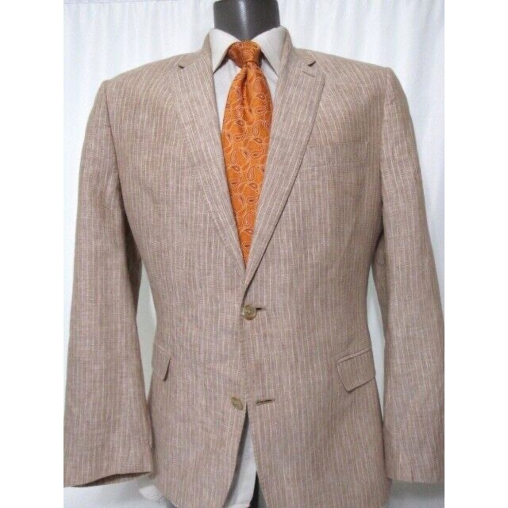 Lauren Ralph Lauren Slim Beige Stripe Sz 44R 100%‎ Linen Sport Coat Blazer